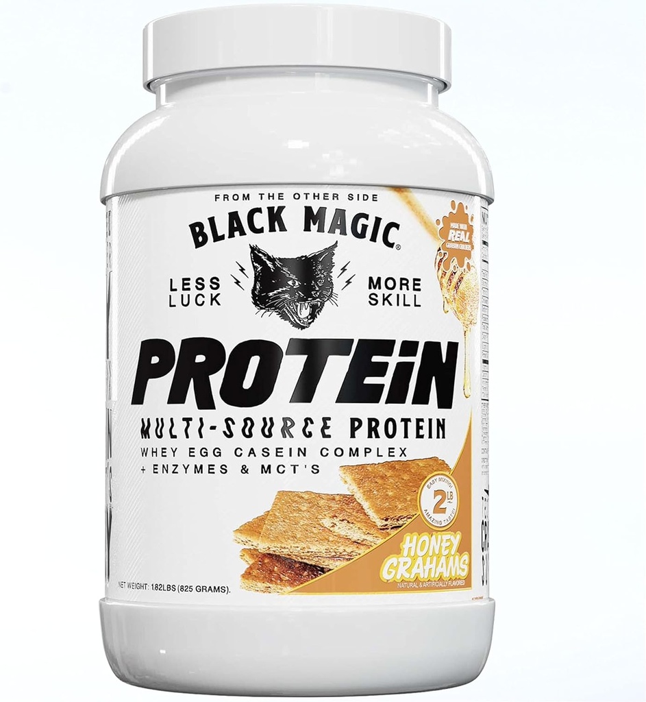 Black Magic Multi- Source Whey Protein Powder - Whey, Egg, Casein Complex med enzymer & MCT 's Keto, Lavsukker Pre / Post Workout Honey Graham Crackers Flavor 24g 2 LB, Pack of 1