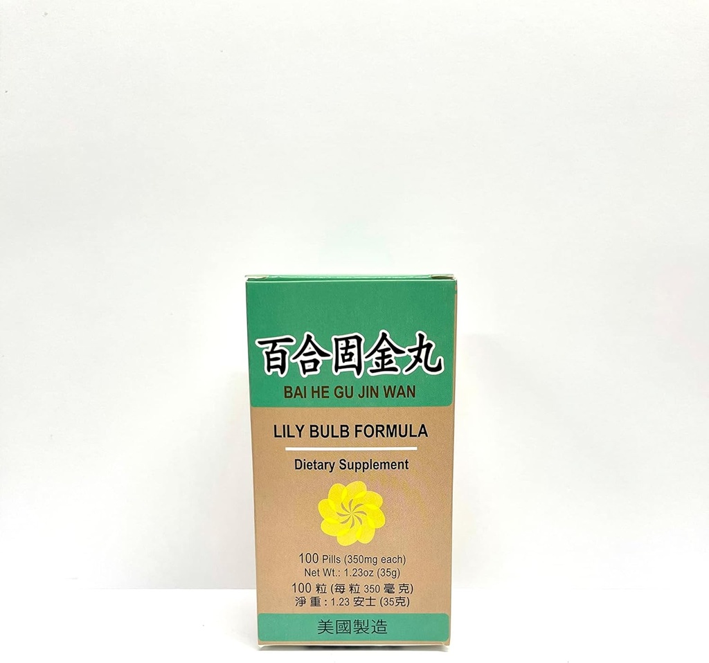 Lao Wei Lily Bulb Formel - Bai He Gu Jin Wan Herbal Supplement Hjælper med at vedligeholde et sundt åndedrætssystem og hoste med Phlegm 100 Pills 350mg / hver Made in USA