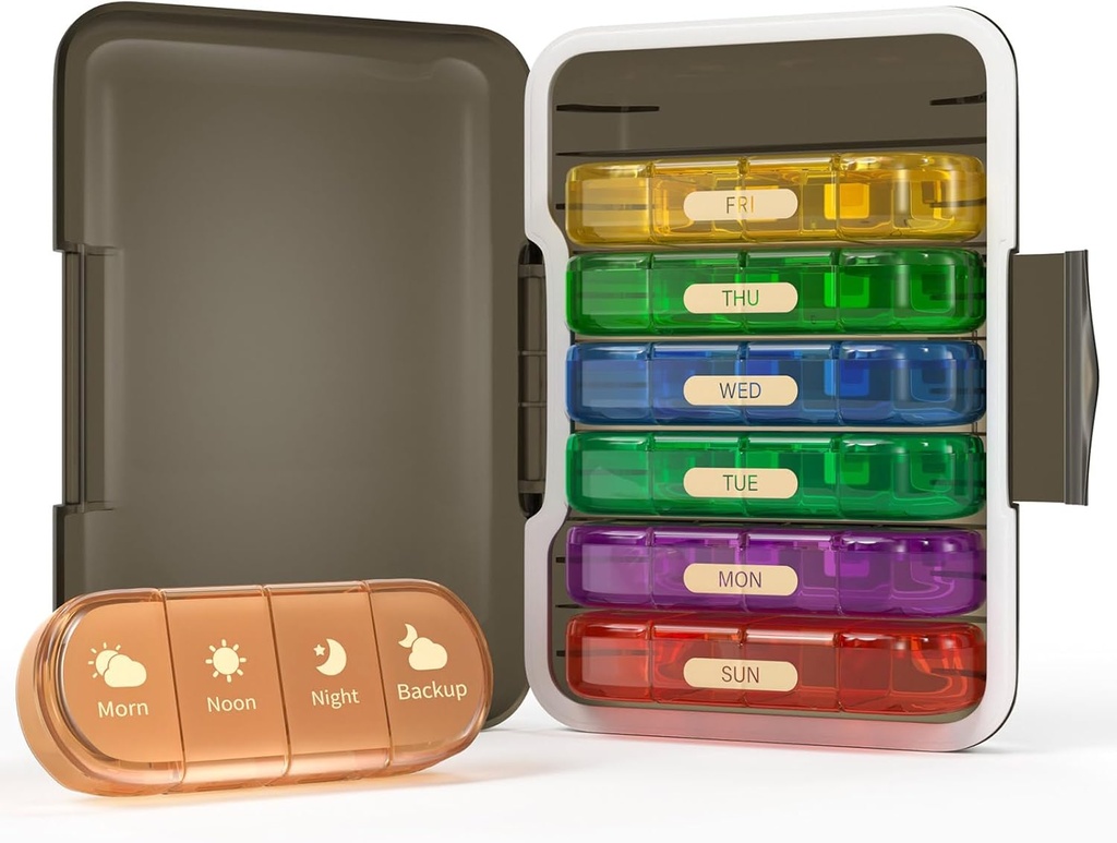Ugentlig Pill Organizer 4 gange om dagen, 7 dag Pill Box 4X, Portable for Travel Pill Case for Pills / Vitamin / Fish Oil / Medicin / Kosttilskud (4x7 Black + Rainbow)