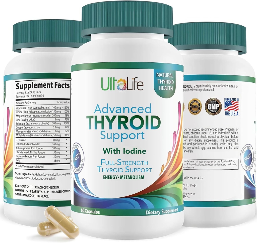 Daglig Thyroid Boost Advanced Formel med jod Ashwagandha Vitamin B12 Zink og Selenium til energi Metabolisme og Focus 60 kapsler