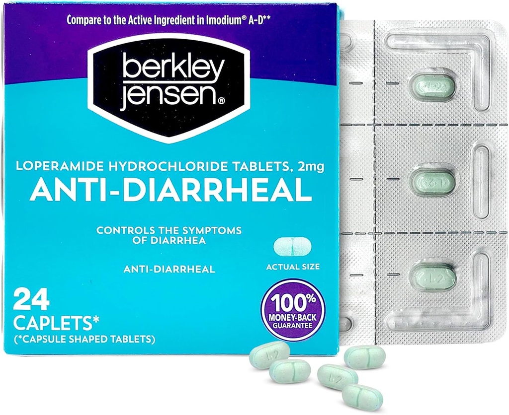 berkley jensen Anti- Diarré Medicine - Loperamid Hydroklorid 2 mg Diarré Relief Caplets - Kontrol Symptomer på Diarré Herunder Rejsende Diarré, Easy- to- Swallow Anti- Diarré Pills, 24 Ct