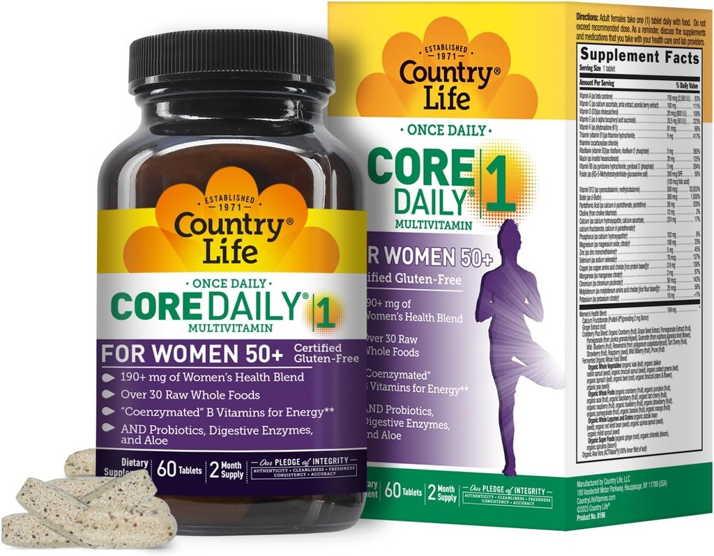 Country Life CORE Daily-1 for kvinder 50 + Multivitamin - Formuleret til kvinder Over 50, Komplet daglig ernæring med kvinders sundhed Blend, koenzymerede B-vitaminer, probiotika, og fordøjelsesenzymer