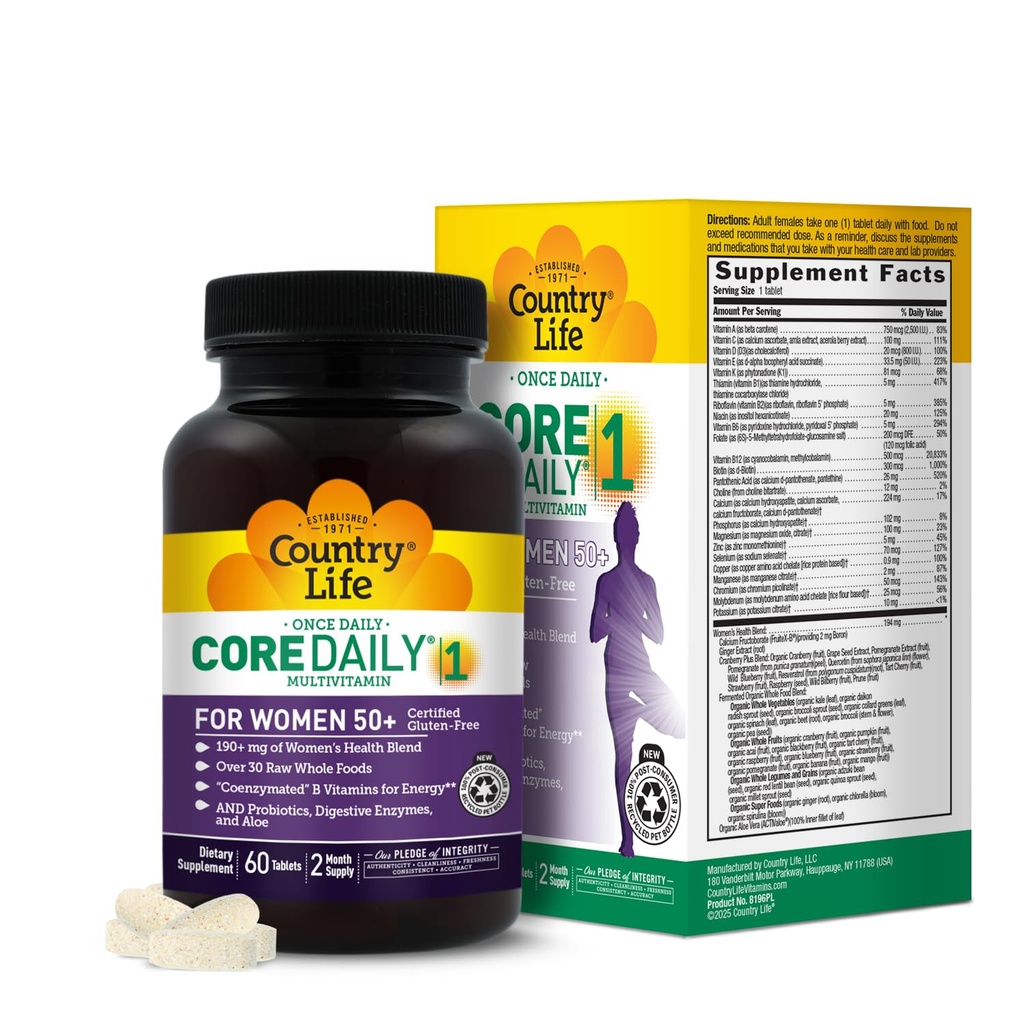 Country Life CORE Daily-1 for kvinder 50 + Multivitamin - Formuleret til kvinder Over 50, Komplet daglig ernæring med kvinders sundhed Blend, koenzymerede B-vitaminer, probiotika, og fordøjelsesenzymer