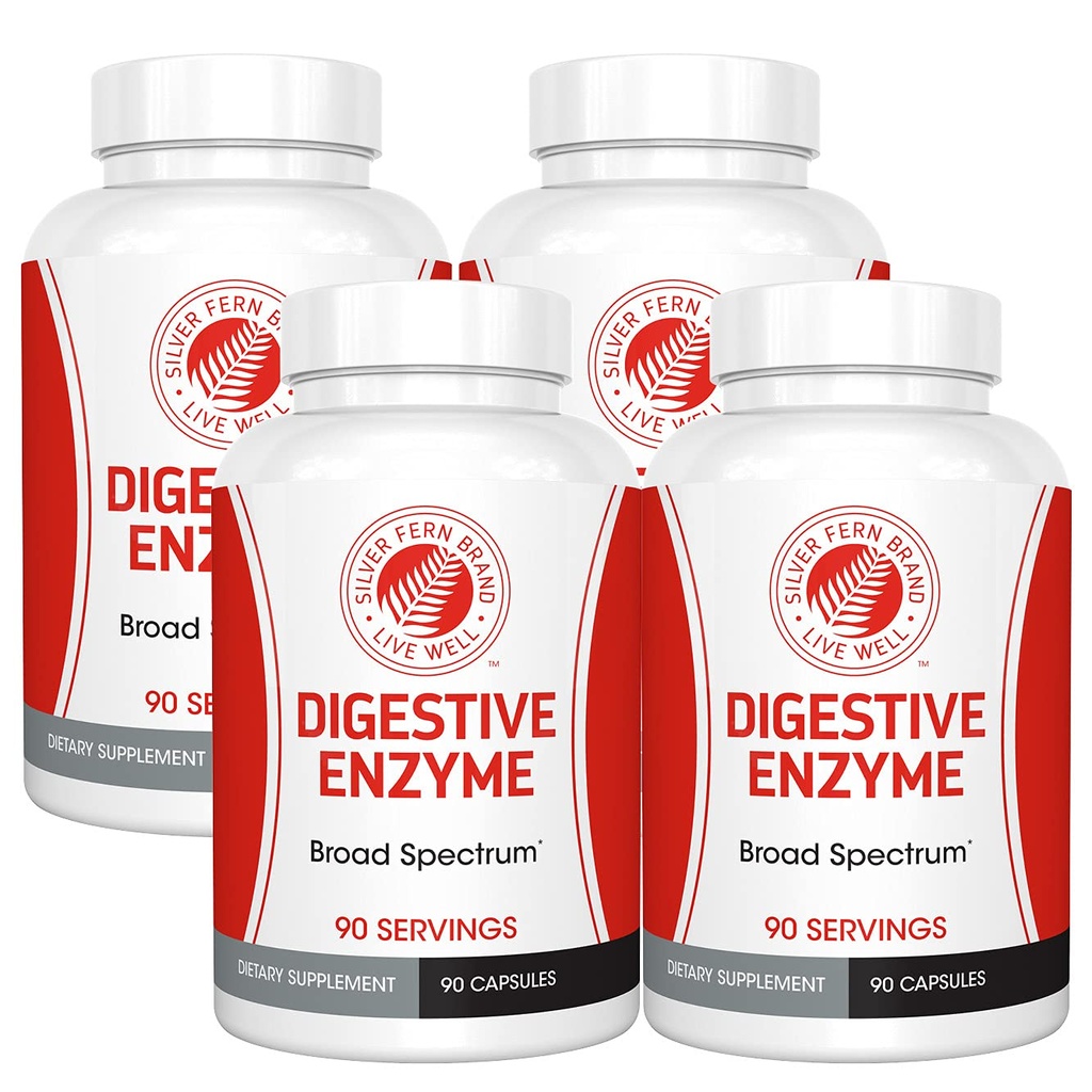 Sølv Fern Brand Ultimate fordøjelsesmiddel supplement - 4 flasker - høj styrke, Multi Enzyme - fordøjelsesbesvær & mad tolerance - Amylase, protein, cellulose, mere