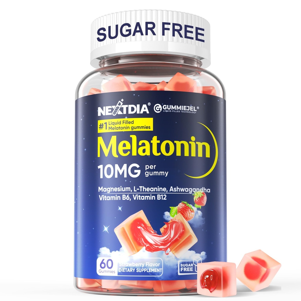 Sugar Free Melatonin Gummies 10mg 20mg Magnesium Glycinate Melatonin for voksne, Ashwagandha, L- Theanin, B6, B12, Lemon Balm og Kamille for Deep Relaxation, Antioxidant, Vegan, 60 Dag
