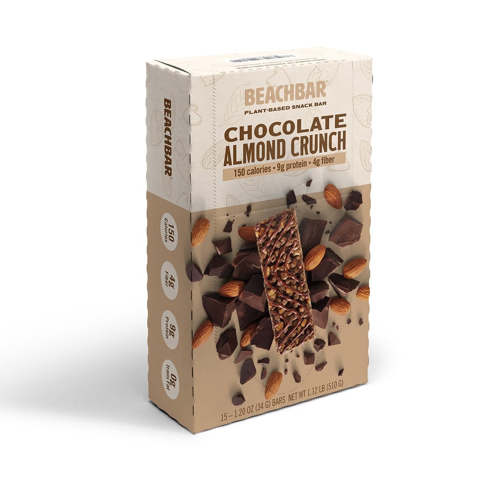 BODi BEACHBAR Plant- baseret Chokolade Mandel Crunch - Protein Rich Vegan Snack Bar, Glutenfri, Lav Glychemisk Indeks, 10g Protein, 150 kalorier, 15 Barer pr Box
