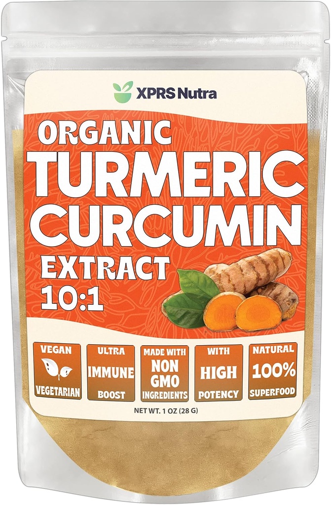 XPRS Nutra Organic Gurkemeje Curcumin Powder Extract 10: 1 - Premium USDA Organic Curcumin Powder for Immunity - Vegansk Friendly Pure Curcumin for Gut Health (1 Ounce)