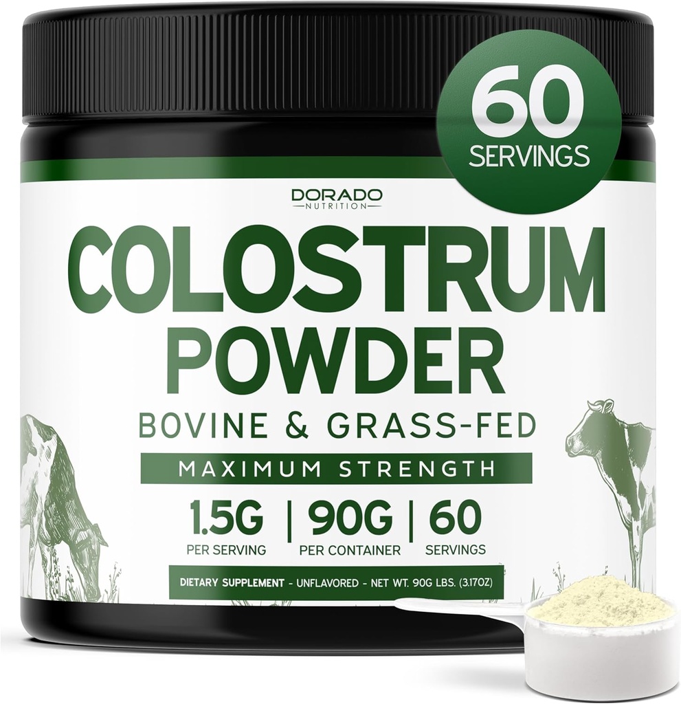 Colostrum Supplement Powder 90g (60 Serveringer på 1,5 g Pure Bovine Colostrum Std. at indeholde 20% IgG immunoglobuliner) Græs Fed pulver - Ingen Fillers, Tredjeparts testet, Unflavored & USA Made