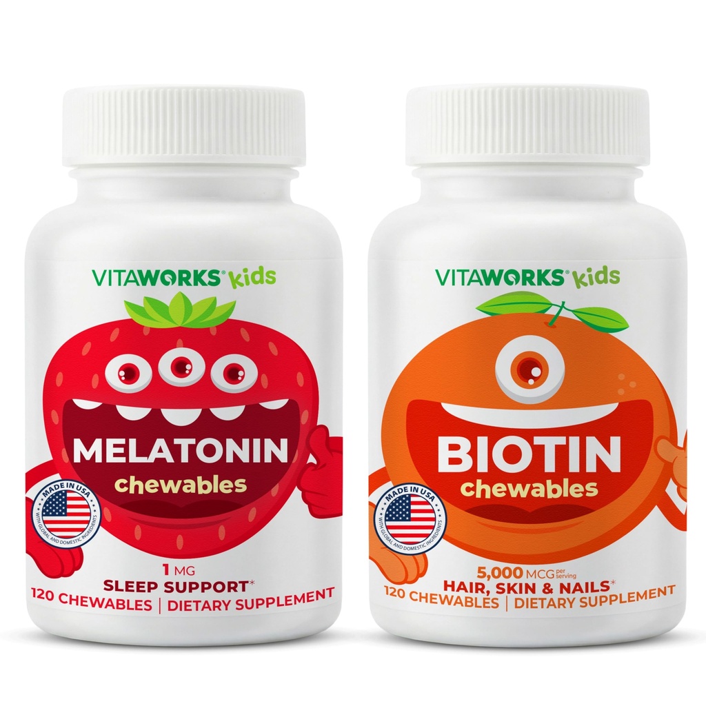 Børn Melatonin 1mg tyggetabletter + biotin 5000mcg tyggetabletter Bundle