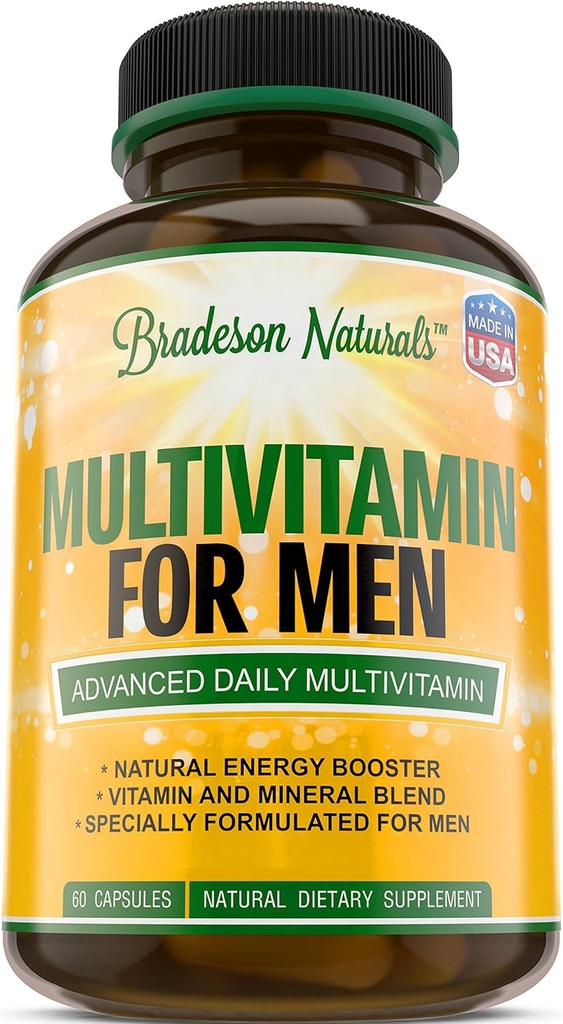 Mænds multivitamin supplement til energi, fokus og ydeevne. Herre Vitamin A, C, D, E & B12, Zink, Calcium, Magnesium & mere. Multi Vitamin 60 kapsler Lavet i USA