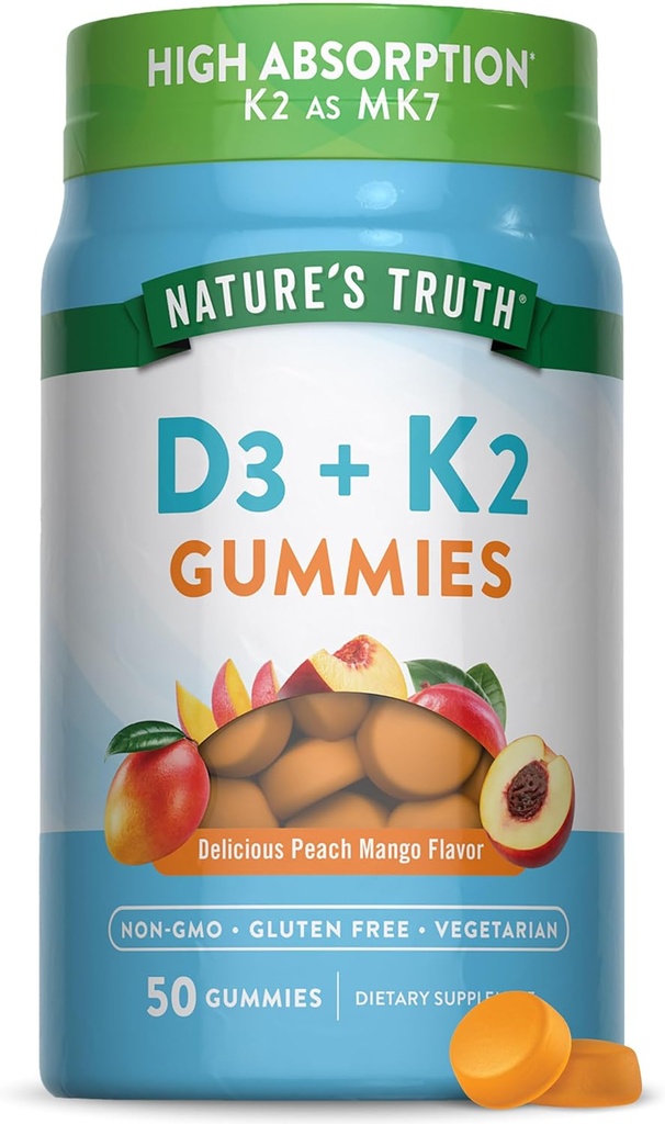 Nature 's Truth Vitamin D3 + K2 Gummies ttesmå 124; 50 Greve # 124; Peach Mango Flavor # 124; Vegetar, Non- GMO & Gluten Free Supplement