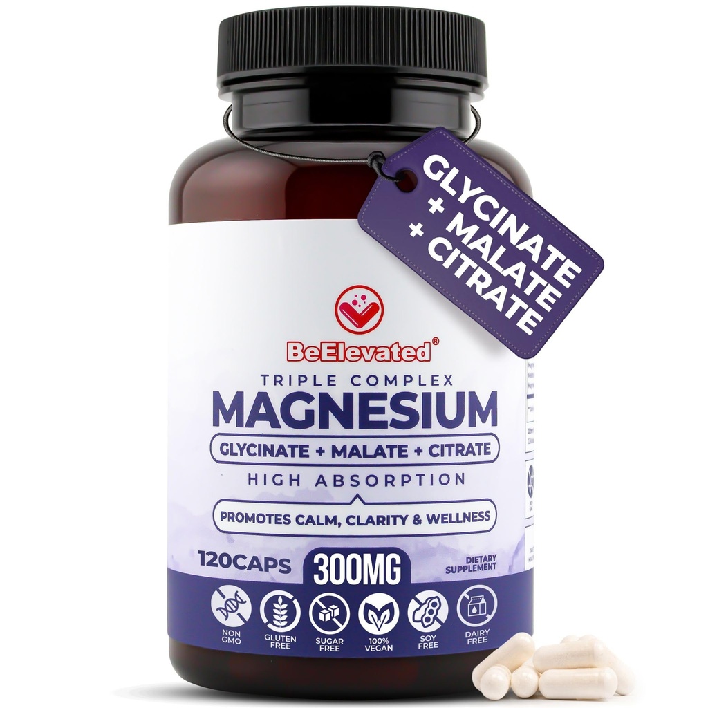Triple Complex Magnesium Supplement - Fastvirkende Magnesium Complex tillæg med Glycinat, Citrate & Malat for afslapning, søvn & velvære - Natural, Vegan, Non- GMO kapsler (300mg)