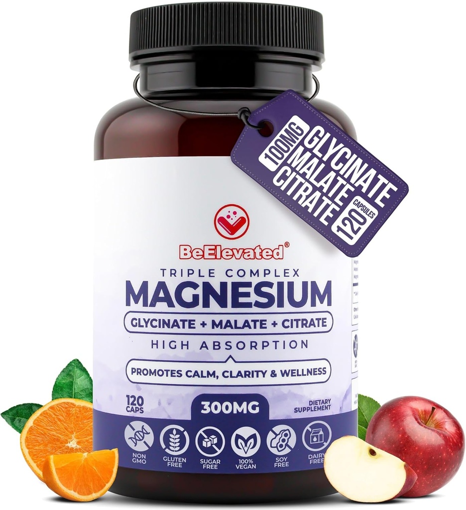 Triple Complex Magnesium Supplement - Fastvirkende Magnesium Complex tillæg med Glycinat, Citrate & Malat for afslapning, søvn & velvære - Natural, Vegan, Non- GMO kapsler (300mg)