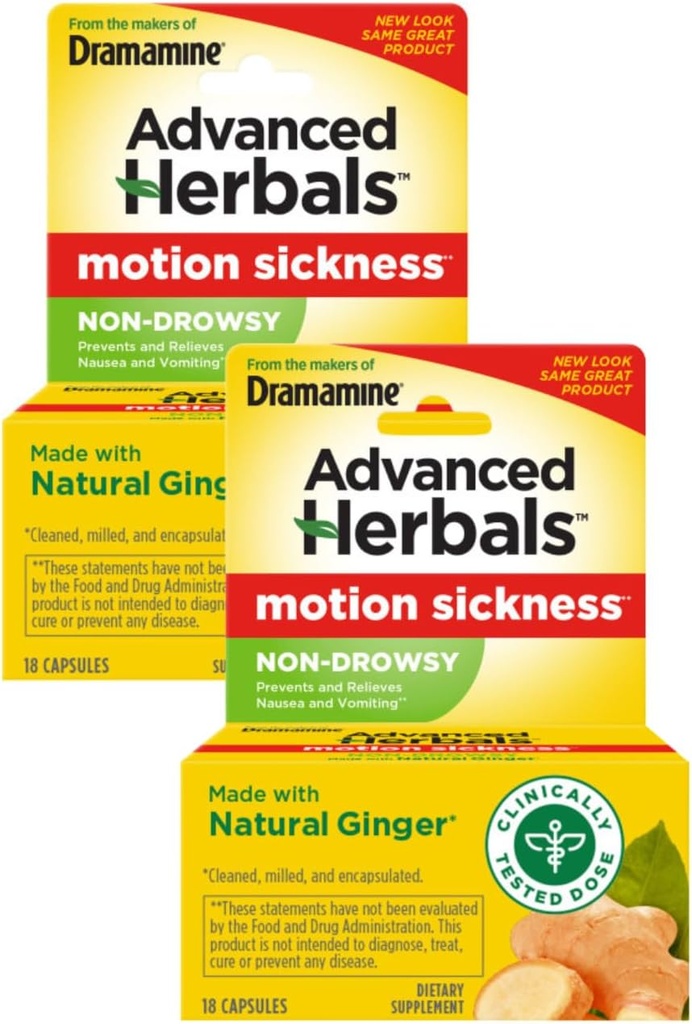 Dramamine Motion Sickness Relief, Non-Drowsy, Naturals with Ginger, 18 Ct. (Pack of 2)