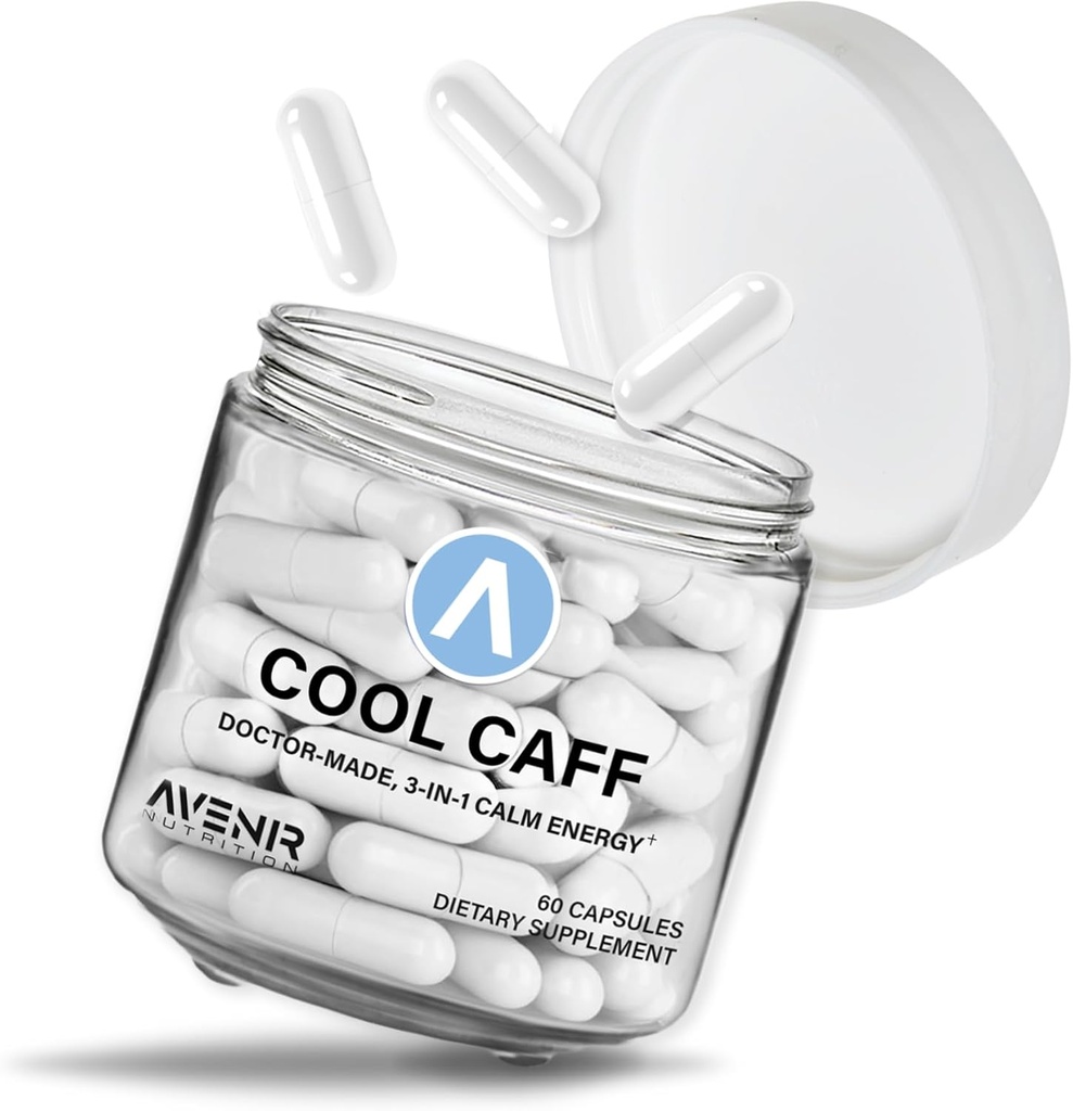 Avenir Nutrition Cool Caff Energy Kosttilskud, L theanin og koffein - Energi Boost og fokus - Pre workout for kvinder og mænd, kaffe alternativ 60 kapsler