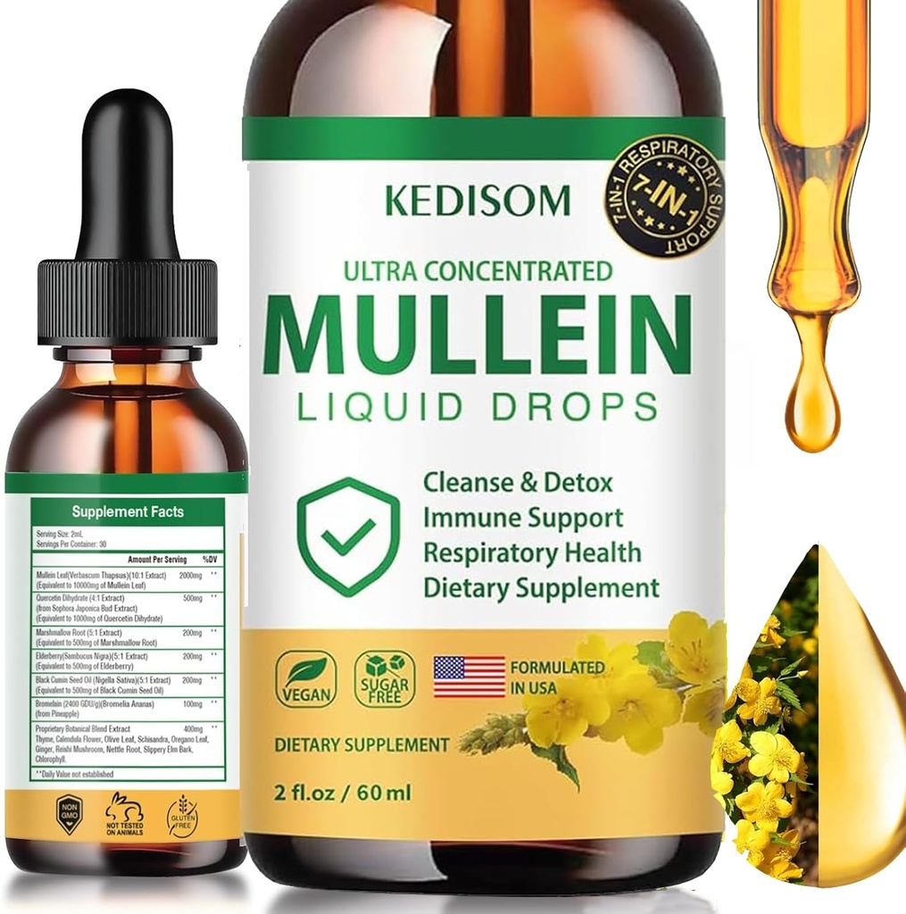 7 i 1 Mullein Dryps til Lungs 2 Fl Oz - Organic Mullein Leaf Extract Supplement - Lung & Bronchial Rengøring til rygere - Luftveje sundhedsstøtte
