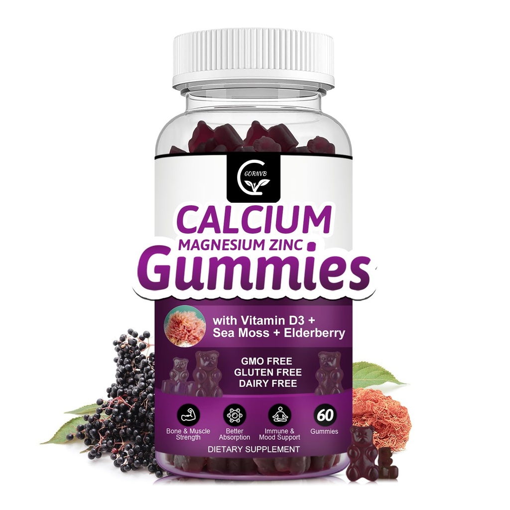 Calcium Magnesium Zinkgummier med høj absorption Magnesium, Kalium, D3 - for ben, Muskler, Immun & Sleep Support, Vegan