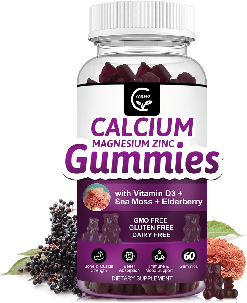Calcium Magnesium Zinkgummier med høj absorption Magnesium, Kalium, D3 - for ben, Muskler, Immun & Sleep Support, Vegan