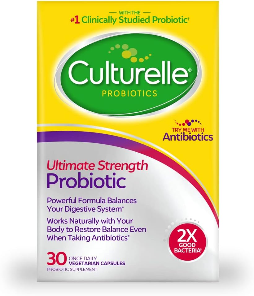 Culturelle Ultimate Strength Probiotic for Mænd og Kvinder, De fleste klinisk Studerede Probiotiske stamme, 20 Millioner CFU 'er, Understøtter Occasional Diarré, Gas & Bloating, Non- GMO, 30 Greve