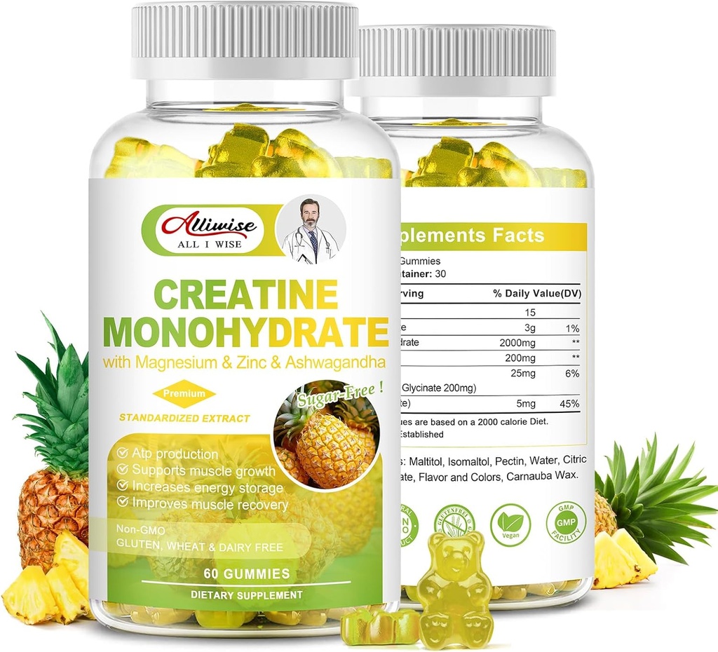 Sugar- Free Creatin monohydrat til mænd og kvinder, Creatin monohydrat kompleks tillæg med Magnesium & Zink & Ashwagandha, for muskel vækst & styrke, energi, Pre Workout supplement