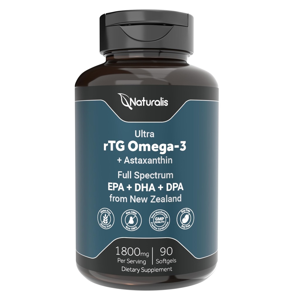 Naturalis Ultimate rTG Omega 3 Fish Oil 1800mg fra Wild New Zealand Tuna - Full Spectrum Omega3s EPA, DHA & DPA - Sustainable Sourced, Non- GMO, Gluten Free - 90 Softgels