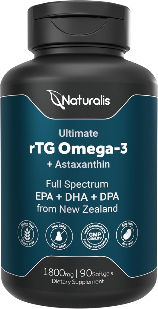 Naturalis Ultimate rTG Omega 3 Fish Oil 1800mg fra Wild New Zealand Tuna - Full Spectrum Omega3s EPA, DHA & DPA - Sustainable Sourced, Non- GMO, Gluten Free - 90 Softgels