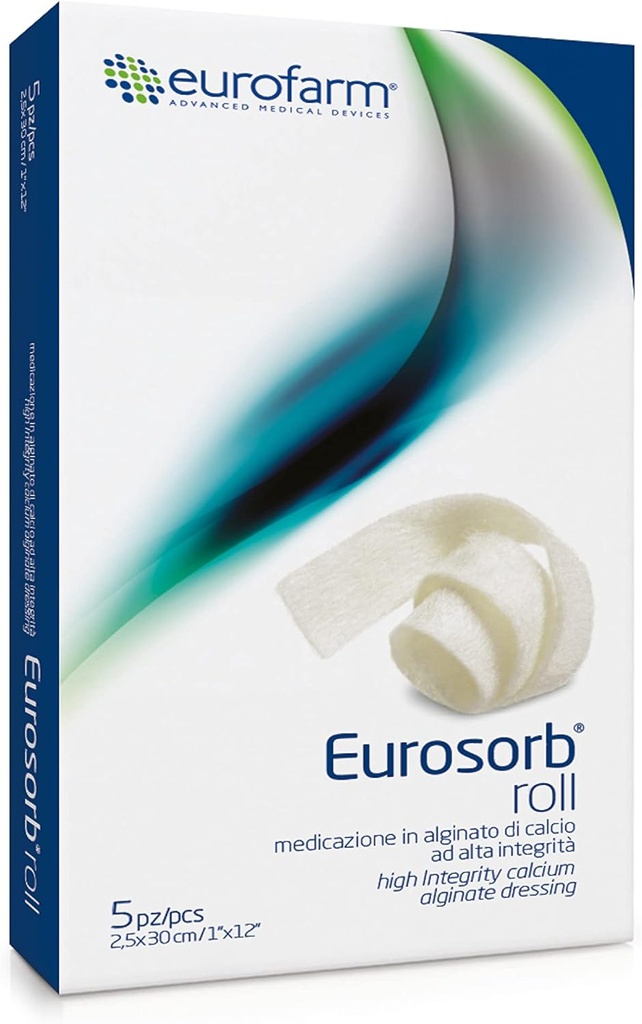 Eurosorb Roll -1 x 12 i -100% høj integritet Calcium Ribbon Dressing, fremmer healing proces, dannelse af nye væv, Integral Alginate -5 stykker