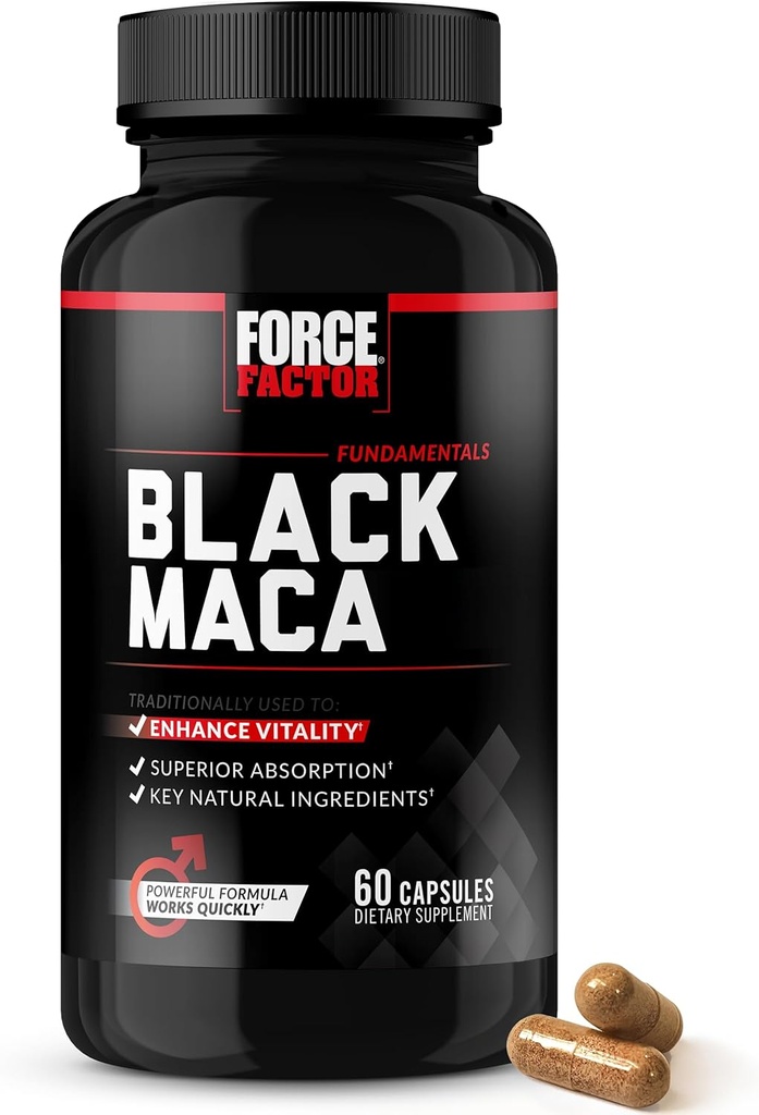 Force Factor Black Maca Root Vitality Supplement for Men with Superior Absorption and Power, Natural Maca Negra Extract, Fundamentals Series, 1000mg, 60 Capsules