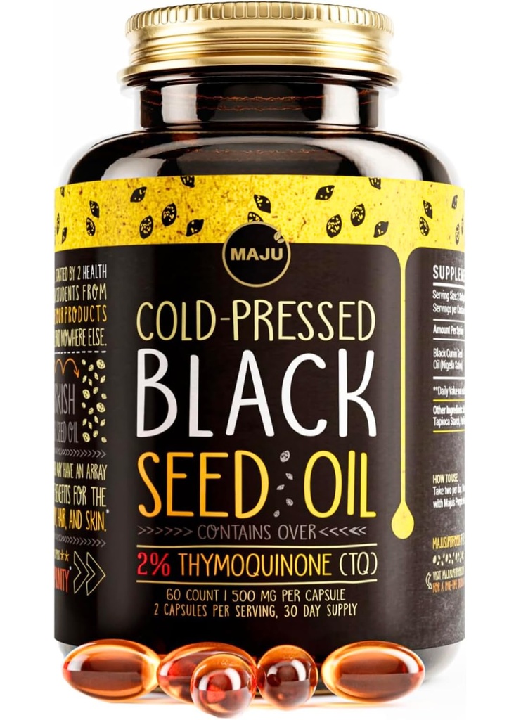 Maju Superfoods Black Seed Oil Capsules - Cold Pressed, 2% Thymoquinon, 100% Turkish Black Cumin Nigella Sativa Seed Oil, Flydende Pure Blackseed 60 Greve, 500mg per kapsel