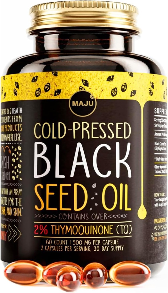 Maju Superfoods Black Seed Oil Capsules - Cold Pressed, 2% Thymoquinon, 100% Turkish Black Cumin Nigella Sativa Seed Oil, Flydende Pure Blackseed 60 Greve, 500mg per kapsel