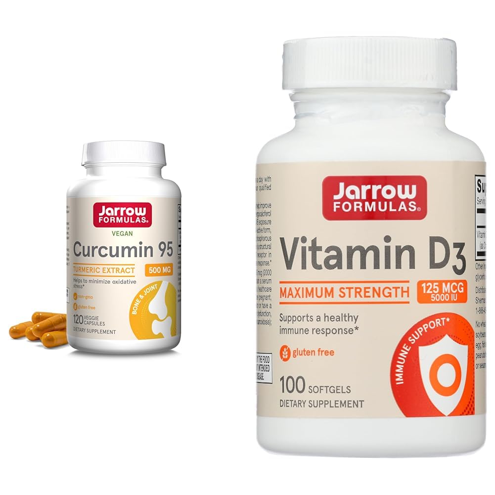 Jarrow Formulas Curcumin 95 500mg - Op til 120 Servere (Veggie Caps) & D3- vitamin 125 mcg (5000 IE) - 100 Servere (Softgels)