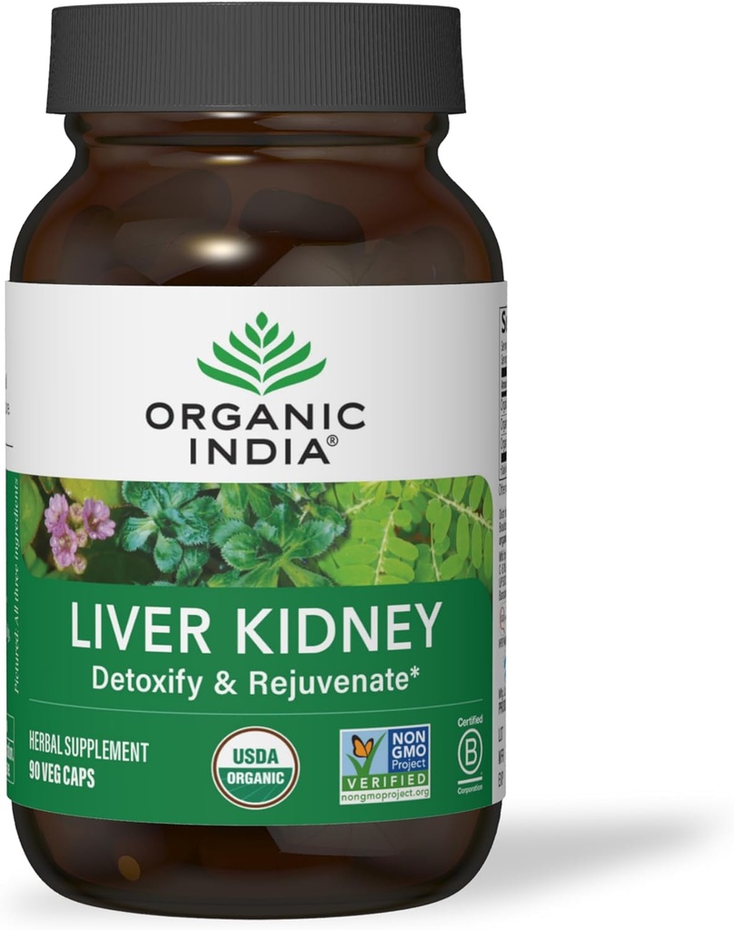 Økologisk Indien Lever og Nyre Rengøring Detox Reparation - Urte supplement - Afgift & forynge, Understøtter sund lever og Nyre funktion, Vegan, USDA Certificeret Organisk, Non- GMO - 90 Kapsler