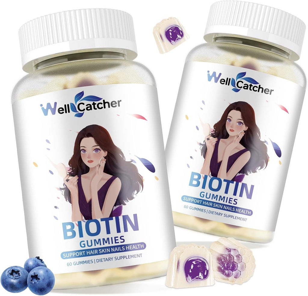 Biotin Gummies for hårvækst - Biotin Gummies for stærk hårnegl hud med multivitamin sukker fri Vegansk tyggetyvende hårvækst Gummy for kvinder Mænd Kids Blåbærsmag 60- Day Supply