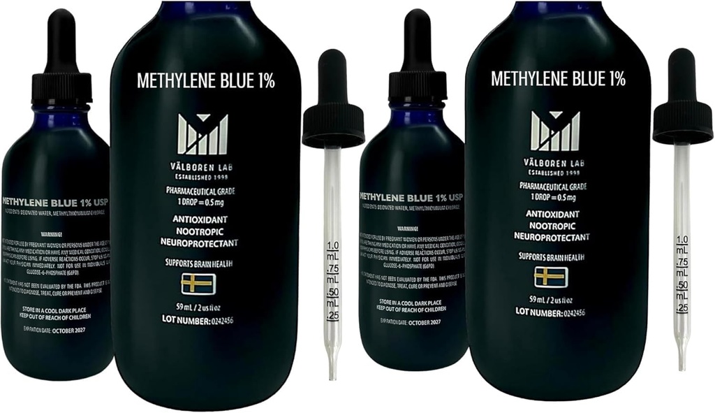 Methylene Blue Pharmaceutical Grade Bundle - 2 oz & 4 oz Flasker - USP Grade - Lavet i USA - Third- Party Testet, Formaldehyd & Alkohol- Free - Brain Health Supplement - Methylene 1% dråber til mennesker