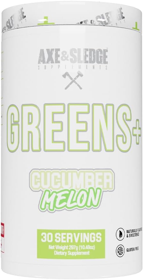 Axe & Sledge Greens + Superfood Powder Dex124; Greens Juice, Probiotika, fordøjelsesenzymer, Ashwagandha, kokos Vandpulver Dex124; Naturligt aromatiseret & Sødet, 30 Serveringer, Plus V2 Cuckumber Melon