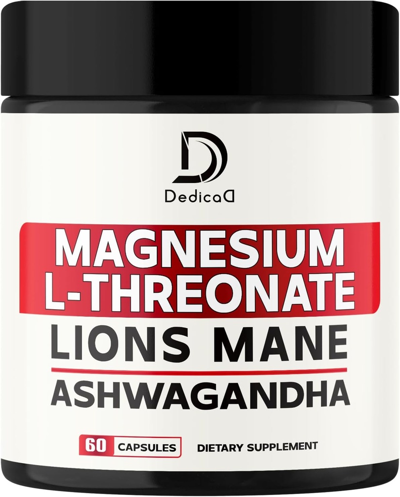 Magnesium L- Threonate tillæg med Lions Mane & Ashwagandha Root - 1000Mg Per Servering for 60 Count Supply - Avanceret formel support