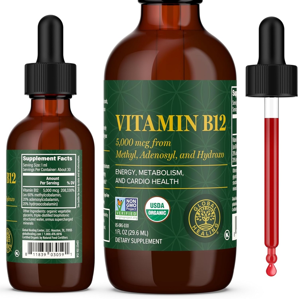 Global Healing Center - Vitamin B12 Sublingual 5000 MCG Organic Liquid Supplement, Methylcobalamin, Adenosylcobalamin, Hydroxo Long- Long- Lasting Energy and Sund Metabolisme - Vegan B12 Vitamin (1 Oz)