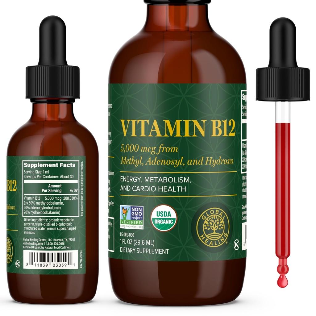 Global Healing Center - Vitamin B12 Sublingual 5000 MCG Organic Liquid Supplement, Methylcobalamin, Adenosylcobalamin, Hydroxo Long- Long- Lasting Energy and Sund Metabolisme - Vegan B12 Vitamin (1 Oz)