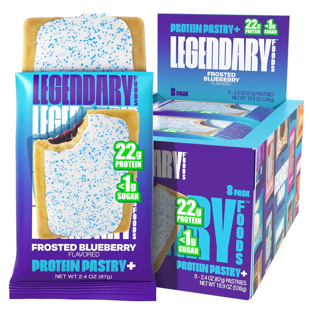 Legendary Foods 22g Protein Pastry + Frosted Blåbær, Lav Carb Meal Erstatning Bar - Lav Glycemisk, Gluten Free Protien Snacks - Sund Keto Snack Box 8 Zero Sugar Energy Bars - Diabetic Friendly