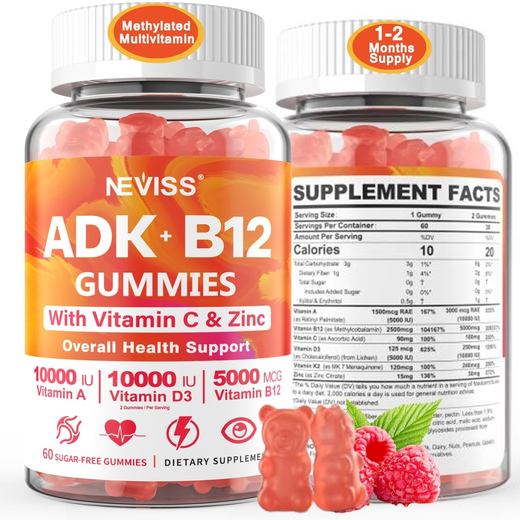 Mænd, D3 K2 5000IE / 10,000IE, B12 5000 mcg 2500mcg, K2 (MK- 7) 240mcg- ADK + Methylvitamin B12, Vegan D3, Vitamin A, C, Zink Eye, Bone, Energy, immun, sukkerfri gummies