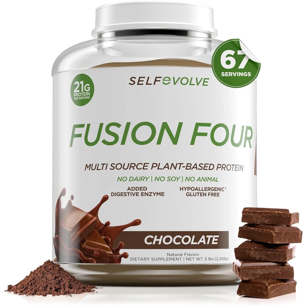 Fusion Four Vegan Protein Powder - 21g Plant- baseret protein pulver - Gluten Free, Dairy Free og Soy- Free, Pea Protein med BCAA - Chocolate Flavored - 5lbs