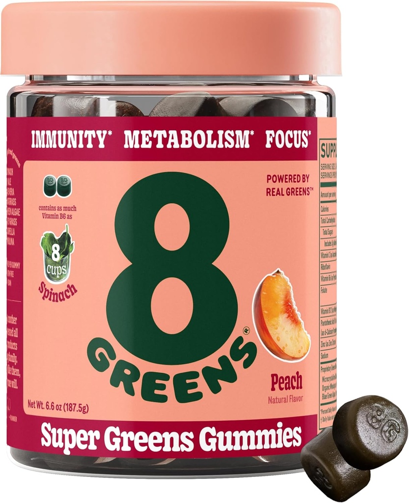 8Greens Supergreens Gummy Buddy 124; Super Green Powder Superfood Gummy for Metabolisme, Immunitet & Fokus, fordøjelsessygdomme Enzymer, Organisk: Chlorella, Spirulina, Aloe Vera, Peach Flavor, 50 Greve