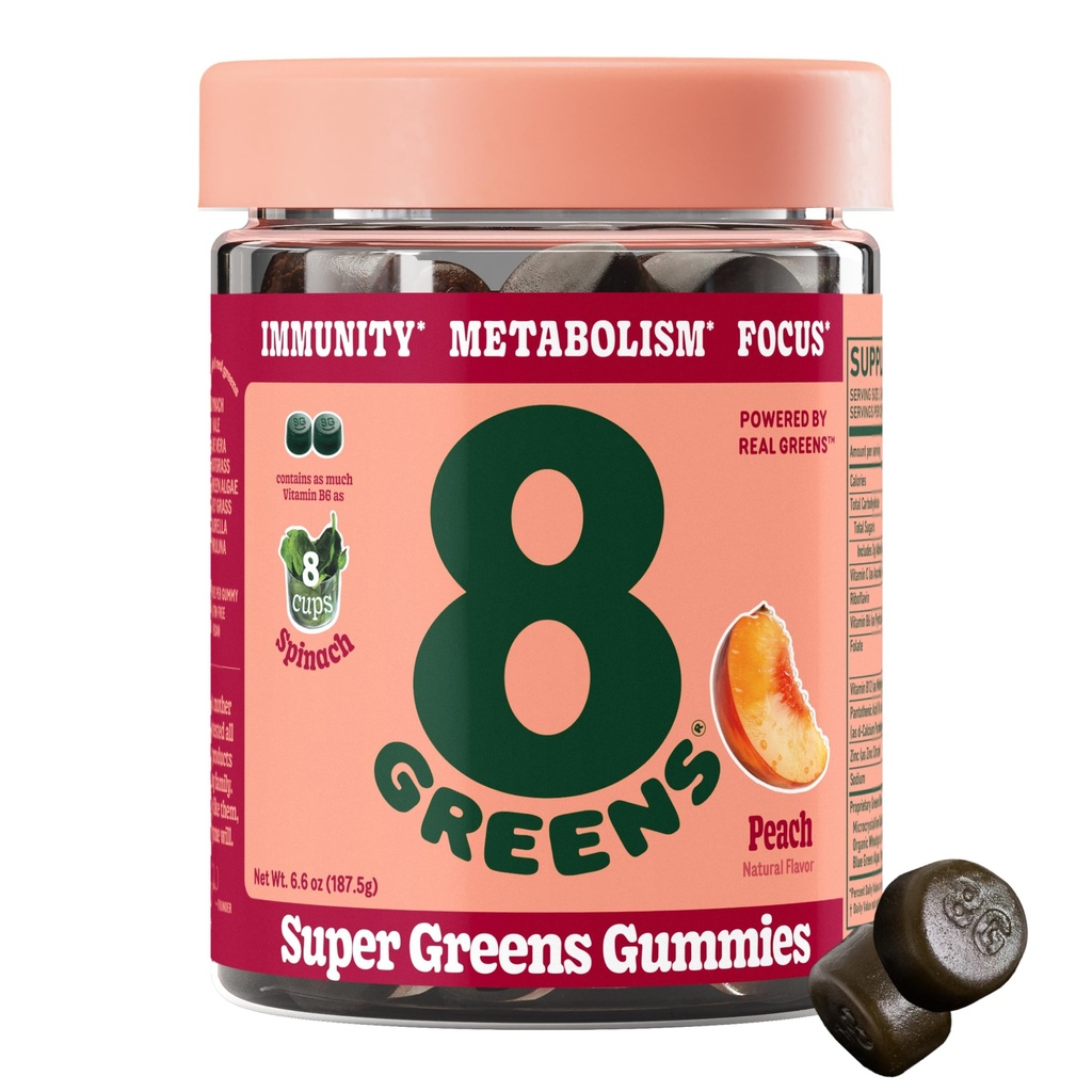 8Greens Supergreens Gummy Buddy 124; Super Green Powder Superfood Gummy for Metabolisme, Immunitet & Fokus, fordøjelsessygdomme Enzymer, Organisk: Chlorella, Spirulina, Aloe Vera, Peach Flavor, 50 Greve