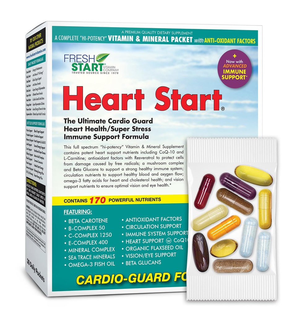 Heart Start Complete Daily Vitamin Pack er 124; Heart Support & Immunbooster er 124; Vitamin A, B, C, D, E, Minerals, Elderberry, Beta Glucans, Omega-3, CoQ- 10, Quercetin, Resveratrol (30 Pakets)