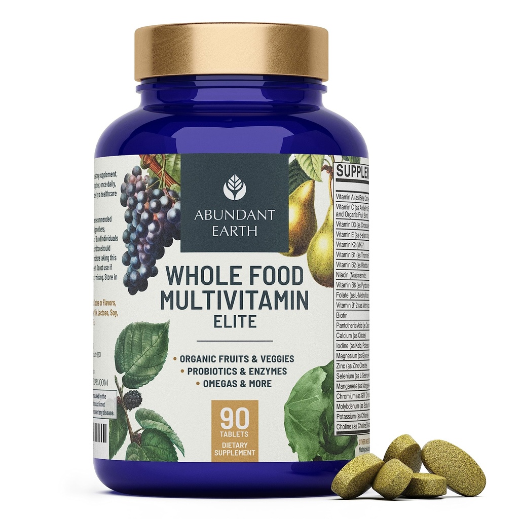 Abundant Earth Whole Food Multivitamin for Women, Daily Multi Vitamin Supplements for Men / Herre Multivitaminer + B Complex, Probiotic Multi Enzyme, Omegas for Organic Energy, Mood, fordøjelse 90ct