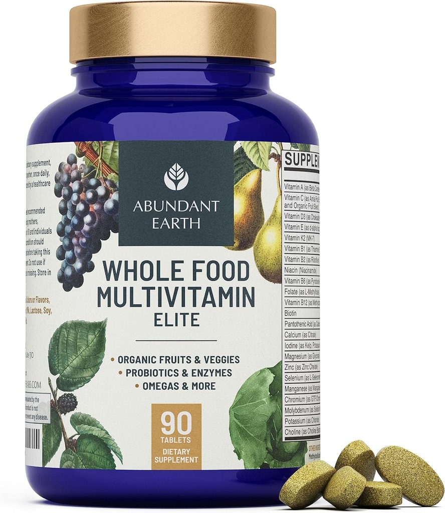 Abundant Earth Whole Food Multivitamin for Women, Daily Multi Vitamin Supplements for Men / Herre Multivitaminer + B Complex, Probiotic Multi Enzyme, Omegas for Organic Energy, Mood, fordøjelse 90ct