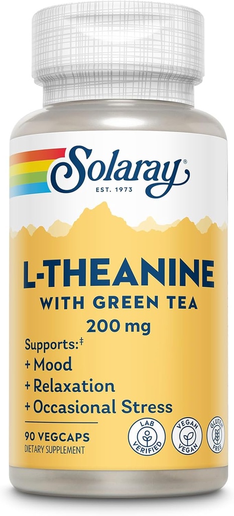 SOLARAY L- Theanine 200mg med grøn te - sund mad, afslapning og lejlighedsvis stress support - Lab Verified, Vegan, Gluten Free - 90 Servere, 90 VegCaps