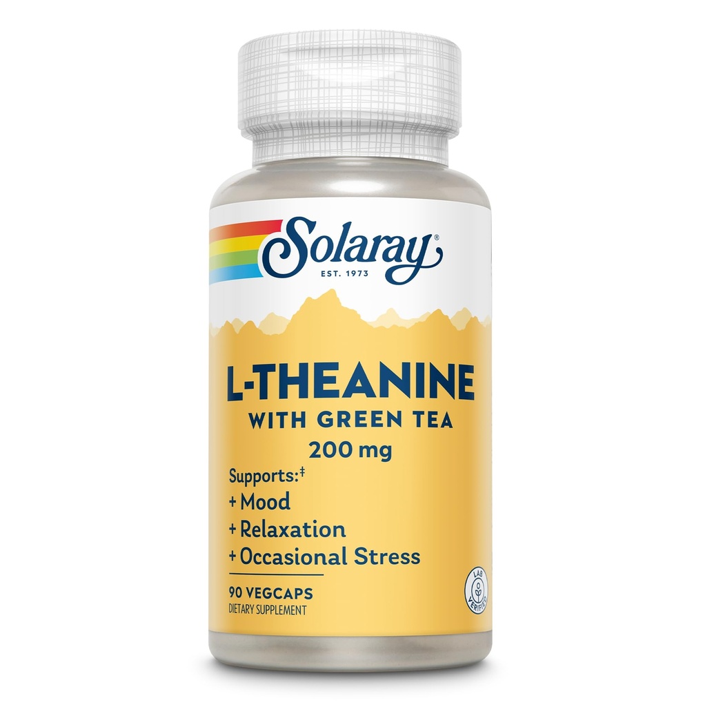 SOLARAY L- Theanine 200mg med grøn te - sund mad, afslapning og lejlighedsvis stress support - Lab Verified, Vegan, Gluten Free - 90 Servere, 90 VegCaps