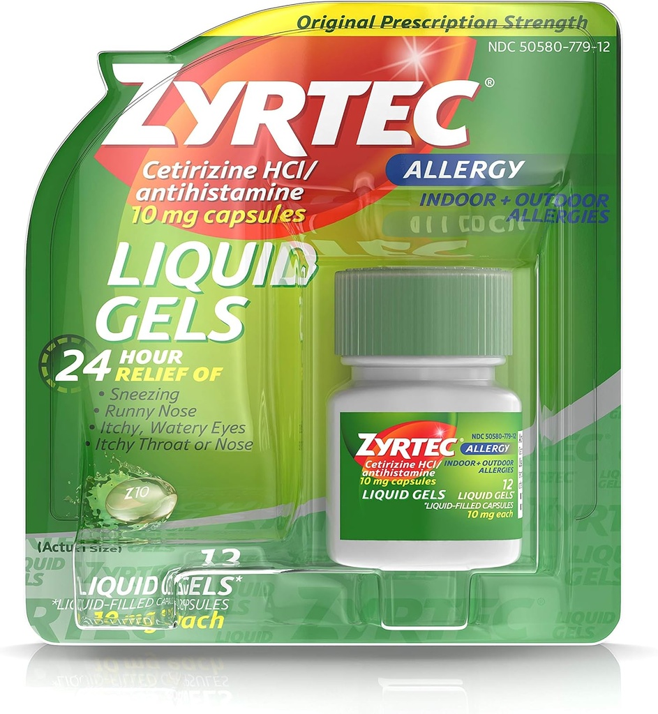 Zyrtec 24 timers indendørs og udendørs allergier Flydende geler, Antihistamin Kapsler med Cetirizin Hydrochlorid til All- Day Allergy Relief, 12 ct (pakning med 2)