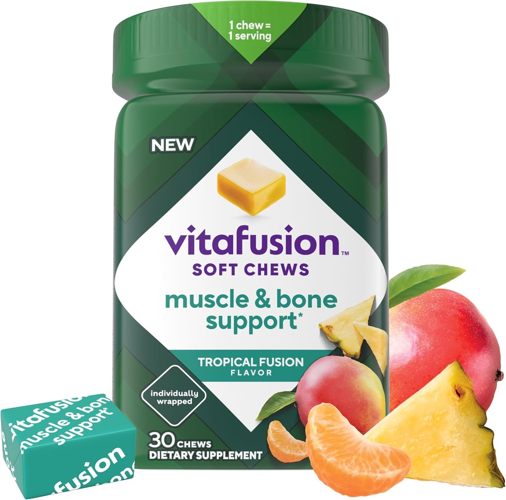 Viafusion Soft Chews Muscle & Bone Support (1), Adult Chewable Vitamin D for Bone & Muscle Support, Individuelt indpakket, Tropical Fusion Flavor, 30 Chews, 30 Day Supply